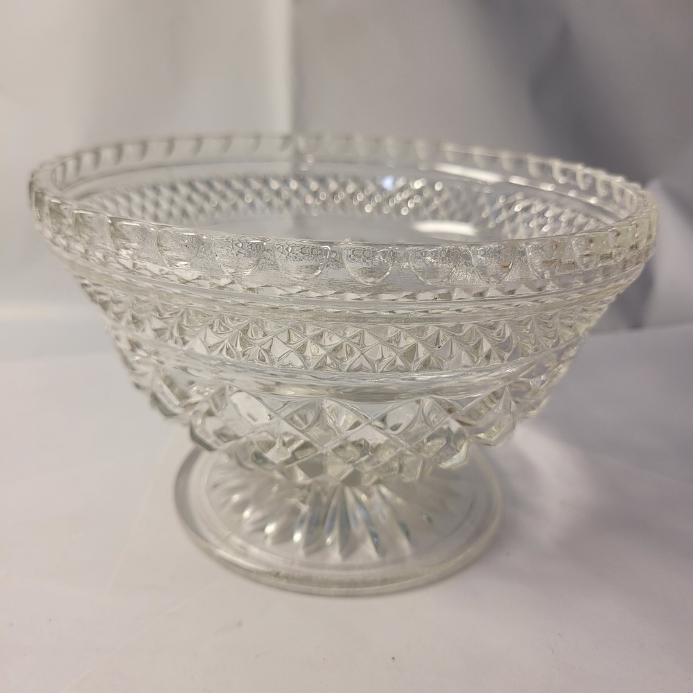 Vintage Pressed Glass‎ Compote Bowl Diamond Point Clear Pedestal Dish 6.5 in